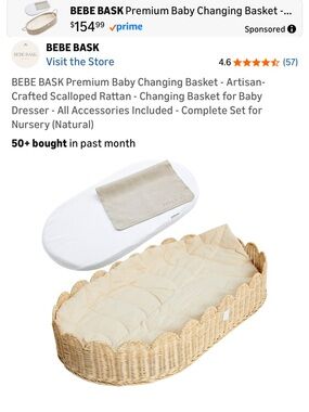 Natural Scalloped Rattan Baby Changing Basket with Linen Pad